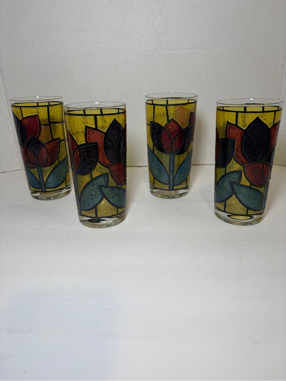 Vintage West Virginia Glass "Stained Glass Tulips" highball glass. Set of 4